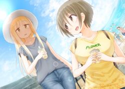  2girls bag beach blonde_hair blue_sky brown_eyes brown_hair bubble_tea collarbone day denim drink fisheye hat holding holding_bag holding_drink izumi_sumi jeans lens_flare mole mole_on_neck mole_under_eye multiple_girls nande_ikiteru_ka_wakaranai_hito_izumi_sumi_25-sai original outdoors pants ringoanu short_hair sky sweat textless_version tote_bag yellow_eyes 