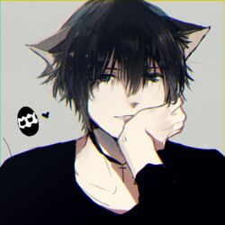  1boy animal_ears bad_id bad_pixiv_id black_eyes black_hair black_shirt cat_ears choker chromatic_aberration closed_mouth commentary cross cross_choker grey_background hagimorijia heart highres light_smile long_sleeves looking_at_viewer male_focus shirt short_hair shugo_chara! simple_background solo tsukiyomi_ikuto upper_body 