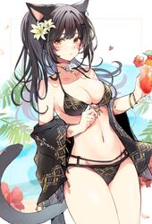  animal_ears beach bikini bikini_pull black_bikini black_hair black_jacket breasts cat_ears cat_girl cat_tail cleavage clothes_pull collarbone cup drink facial_mark female final_fantasy final_fantasy_xiv flower hair_flower hair_ornament hatching_(texture) heart highres jacket jewelry large_breasts light_blush long_hair looking_at_viewer miqo&#039;te mokokoiro navel necklace ocean open_clothes open_jacket ponytail red_flower sidelocks solo swimsuit tail tree upper_body warrior_of_light_(ff14) water white_flower yellow_eyes 