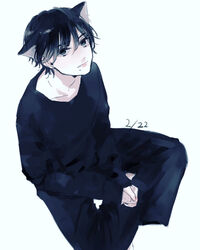  1boy animal_ears bad_id bad_pixiv_id black_eyes black_hair black_pants black_shirt cat_ears commentary_request dated full_body hagimorijia highres long_sleeves looking_at_viewer male_focus mole mole_under_mouth original pants shirt short_hair simple_background sitting sleeves_past_wrists solo white_background 