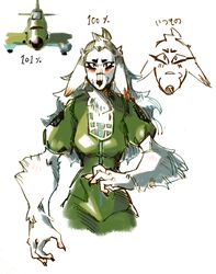  2019 aircraft anthro borzoi breasts brown_eyes canid canine canis clothed clothing domestic_dog female fur hair hideki_kaneda hunting_dog il-2 ilyushin japanese_text long_hair looking_at_viewer mammal scar sighthound simple_background solo sturmovik_(hideki_kaneda) text vehicle white_body white_fur white_hair 