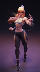  3d abs absurdres artist_name bandages black_footwear black_leggings blender_(medium) blonde_hair brass_knuckles cleavage_cutout clothing_cutout crop_top female fighting_stance full_body glasgow_smile gradient_background highres leggings long_hair looking_at_viewer muscular muscular_female ninjason_chan original ponytail scar scar_on_face scar_on_nose sharp_teeth simple_background skin_tight solo sports_bra sportswear standing stomach tanya_(jeremy_anninos) teeth underwear weapon white_sports_bra zbrush_(medium) 