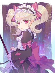  apron blonde_hair bow breasts broom chloe_(epic_seven) diamond_(shape) earrings epic_seven female floral_print frilled_apron frilled_hairband frills hairband hairbow highres jewelry karimo/konchi long_sleeves looking_at_viewer maid maid_headdress open_mouth pink_eyes puffy_long_sleeves puffy_sleeves signature small_breasts star_(symbol) star_earrings twintails 