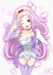  ;d arm_warmers asymmetrical_clothes blue_eyes breasts brooch choker cleavage commentary_request cosplay cure_sword cure_sword_(cosplay) detached_sleeves dokidoki!_precure dress female fingerless_gloves gloves hair_ornament heart heart_brooch jewelry long_hair looking_at_viewer marie_ange medium_breasts one_eye_closed open_mouth pink_hair precure purple_arm_warmers purple_choker purple_legwear purple_skirt ribbon simple_background skirt slowpit smile solo v white_background 