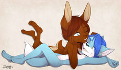  2018 absurd_res anthro ass blue_body blue_eyes blue_fur blue_hair brown_body brown_fur brown_hair canid canine cuddling digital_media_(artwork) duo felid female fox fur hair hi_res hybrid kristein lagomorph leporid lying male male/female mammal nude rabbit sabrina_holtz smile 