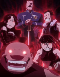  envy_(fma) eyepatch fullmetal_alchemist gluttony greed homunculus king_bradley lust moustache multiple_boys screencap stitched sword uniform 