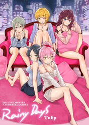  5girls bare_legs bare_shoulders barefoot belt black_bra black_hair blonde_hair blue_eyes blush bra breasts carpet city cleavage commentary_request couch cover dress earrings green_eyes grey_eyes grey_hair hair_between_eyes hayami_kanade head_rest highres ichinose_shiki idolmaster idolmaster_cinderella_girls jewelry jougasaki_mika legs lipps_(idolmaster) long_hair looking_at_viewer medium_breasts miyamoto_frederica multiple_girls necklace one_eye_closed one_side_up pillow pink_hair purple_hair shiomi_syuko short_hair shorts sitting smile takuji_yuusaku underwear wavy_hair 