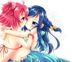  2girls aichi_shiho aida_mana arm_around_neck arm_around_waist bad_id bad_pixiv_id bikini blue_hair blush bow bracelet braid couple dokidoki!_precure eye_contact face-to-face floral_background half_updo hishikawa_rikka hug jewelry long_hair looking_at_another multiple_girls photoshop_(medium) pink_bow pink_eyes pink_hair precure short_hair smile swimsuit undressing yuri 