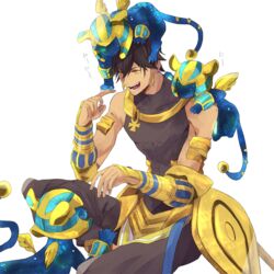  1boy ahoge animal bad_id bad_twitter_id brown_hair dark-skinned_male dark_skin earrings fate/grand_order fate/prototype fate/prototype:_fragments_of_blue_and_silver fate_(series) feline highres jewelry male_focus mskm38_m night open_mouth ozymandias_(fate) smile solo sphinx_awlad star_(symbol) white_background 