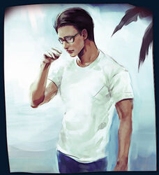  1boy black_hair casual commentary_request glasses joseph_oda male_focus mugikoma palm_tree photoshop_(medium) shirt solo t-shirt the_evil_within tree 