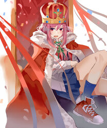  :d ai-chan_(pixiv29351299) arm_across_waist blue_skirt blush commentary_request confetti crown female knee_up koharu_yoshino open_mouth pink_hair red_eyes red_footwear royal_robe sakura_quest shoes sitting skirt smile sneakers streamers throne 