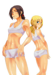  2girls bad_id bad_pixiv_id black_hair blonde_hair freckles hair_between_eyes komio_(do@ho) krista_lenz looking_back midriff multiple_girls photoshop_(medium) ponytail shingeki_no_kyojin shiny_skin short_hair sports_bra white_background ymir_(shingeki_no_kyojin) 