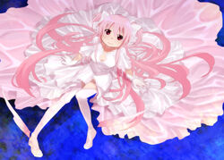  bad_id bad_pixiv_id boots dress female gloves kaname_madoka komio_(do@ho) long_hair looking_up mahou_shoujo_madoka_magica mahou_shoujo_madoka_magica_(anime) photoshop_(medium) pink_eyes pink_hair sitting solo spoilers thigh_boots thighhighs two_side_up ultimate_madoka very_long_hair white_dress white_gloves 