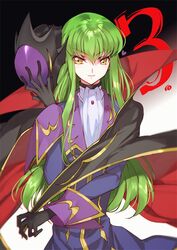  ascot black_cape black_gloves blue_jacket c.c. cape closed_mouth code_geass cosplay creayus female gloves green_hair hair_between_eyes helmet jacket long_hair long_sleeves looking_at_viewer multicolored_cape multicolored_clothes parted_lips red_cape smile standing unworn_headwear unworn_helmet upper_body white_legwear yellow_eyes zero_(code_geass) zero_(code_geass)_(cosplay) 