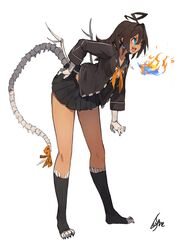  :d ahoge barefoot bent_over black_sailor_collar black_skirt black_socks blue_eyes bone bow breath_weapon breathing_fire brown_hair claws colho_(lansane) female fire from_side full_body hair_between_eyes highres huge_ahoge lansane leg_warmers long_hair long_sleeves neckerchief open_mouth orange_bow orange_neckerchief original pleated_skirt ribbed_legwear sailor_collar school_uniform serafuku sharp_teeth signature simple_background skirt smile socks solo tail tail_bow tail_ornament teeth toeless_legwear white_background 