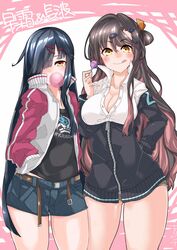  2girls :&gt; :q absurdres alternate_costume ass_visible_through_thighs belt black_hair blush breasts brown_eyes buttons candy character_name chewing_gum chupa_chups cleavage collared_shirt commentary food hair_between_eyes hair_ornament hair_over_one_eye hair_ribbon hairclip hands_in_pockets hayashimo_(kancolle) highres jacket kantai_collection kirishina_(raindrop-050928) large_breasts lollipop long_hair long_sleeves looking_at_viewer multicolored_hair multiple_girls naganami_(kancolle) pink_hair ribbon shirt shorts small_breasts smile snack tongue tongue_out track_jacket translated very_long_hair white_shirt yellow_eyes zipper 