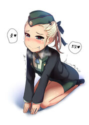  absurdres black_jacket blonde_hair blue_eyes blush commentary_request dogeza female girls&#039;_frontline green_jacket green_skirt hair_ribbon hat highres jacket korean_text long_sleeves looking_at_viewer military military_hat military_jacket military_uniform miniskirt ribbon serdyukov_(girls&#039;_frontline) sexually_suggestive shirt shoes short_hair simple_background sitting skirt solo uniform white_background white_shirt yellowseeds 