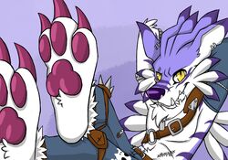  anthro armor baldric bandai_namco belt biped blue_body blue_fur bottomwear canid canine claws clothed clothing digimon digimon_(species) ear_piercing fangs footprint fur hands_behind_head hindpaw legs_up looking_at_viewer male mammal markings pants pawpads pawprint paws piercing pose print purple_body purple_fur purple_nose raised_leg scar sitting smile solo stripes teeth toe_claws topless torn_clothing weregarurumon white_body white_fur xiamtheferret yellow_eyes 