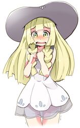  absurdres blonde_hair braid commentary_request dress female green_eyes hat highres lillie_(pokemon) long_hair open_mouth pokemon pokemon_sm rakkogawa_rinro scared see-through simple_background sleeveless sleeveless_dress solo sun_hat tears trembling twin_braids white_background white_dress white_hat 