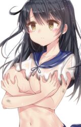  bad_id bad_pixiv_id black_hair black_ribbon blush breasts breasts_outside brown_eyes burnt_clothes closed_mouth collarbone covering covering_breasts crossed_arms crying frown highres kantai_collection large_breasts long_hair looking_afar melang_b navel protected_link ribbon school_uniform serafuku shirt short_sleeves simple_background solo stomach sweat tears torn_clothes torn_shirt upper_body ushio_(kantai_collection) white_background white_shirt 