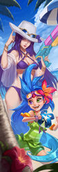  2girls absurdres beach bikini blue_hair blue_sky breasts caitlyn_(league_of_legends) chinese_commentary cleavage cloud commentary day frilled_one-piece_swimsuit frills green_one-piece_swimsuit hat heterochromia highres league_of_legends multiple_girls one-piece_swimsuit open_clothes outdoors photoshop_(medium) pool_party_(league_of_legends) pool_party_caitlyn pool_party_zoe purple_bikini purple_eyes purple_hair sky squidsmith sunglasses swimsuit water_gun zoe_(league_of_legends) 