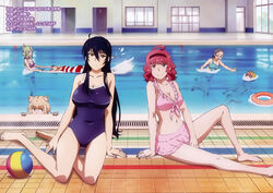  6+girls ahoge animal_ears animedia ball barefoot bikini blue_hair breasts cat_ears cleavage competition_school_swimsuit day eyepatch full_body glasses height_difference highres indoors kagari_ayaka katsura_kotetsu kazari_rin kuraishi_tanpopo large_breasts long_hair looking_at_viewer magazine_scan menowa_mei multiple_girls obuchi_yousuke official_art one-piece_swimsuit pink_hair pool scan school_swimsuit swimsuit takamiya_honoka takamiya_kasumi tall tall_female utsugi_kanna very_long_hair water wet witch_craft_works 