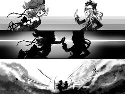  4girls captain_grace coatifan commentary_request explosion fukuroi_marika funny_trick greyscale grin high_five highres mahou_shoujo_ikusei_keikaku mahou_shoujo_ikusei_keikaku_jokers mahou_shoujo_ikusei_keikaku_limited monochrome multiple_girls smile styler_mimi 