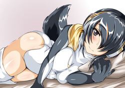  bed bed_sheet black_hair blush breasts brown_eyes closed_mouth commentary_request dutch_angle emperor_penguin_(kemono_friends) female hair_over_one_eye headphones highres hood hoodie kemono_friends large_breasts leotard long_hair looking_at_viewer lying multicolored_hair on_side open_clothes photoshop_(medium) pillow sangyou_haikibutsu_a shiny_clothes shiny_skin smile solo tail thighhighs white_leotard white_thighhighs 