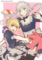  1boy apron bedivere blonde_hair blush breasts choker crossdressing fate/grand_order fate/stay_night fate_(series) female frills green_eyes grey_hair long_hair maid_headdress open_mouth ribbon saber short_hair skirt thighhighs 