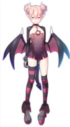  1boy absurdres arm_behind_back boots braid collar demon_boy demon_horns demon_tail demon_wings french_braid full_body highres horns incubus karochii_(mochiya) leene_(lovecubus!) lovecubus! pointy_ears red_eyes smile solo tail transparent_background trap twintails wings 