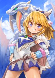  :d ayuria bare_shoulders barioth blonde_hair blue_eyes blush bone_hair_ornament cape cloud commentary_request day dress elbow_gloves female fingerless_gloves fur_cape gloves green_eyes hair_ornament hand_on_own_hip looking_at_viewer monster_hunter_(series) monster_hunter_stories oerba_yun_fang open_mouth ponytail sky sleeveless sleeveless_dress smile soraao_(aokabi) teeth 