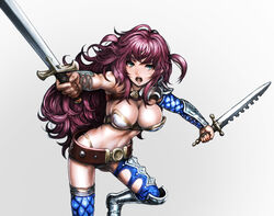  arm_guards armor bad_id bad_pixiv_id belt belt_skirt bikini_armor boots breasts burunuu_(bullnukko) cleavage dual_wielding female foreshortening greaves green_eyes holding large_breasts long_hair open_mouth original outstretched_arms purple_hair solo spread_arms sword two_side_up very_long_hair wavy_hair weapon 