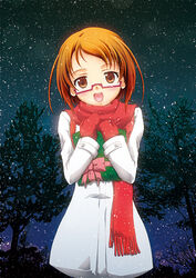  :d brown_eyes brown_hair commentary_request female glasses happy looking_at_viewer open_mouth pink-framed_eyewear precure red_scarf ribbon scarf shirabe_ako short_hair sky slowpit smile solo star_(sky) starry_sky suite_precure 