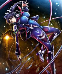  bodysuit bouncing_breasts breasts female female futanari hasuma_reiko jumping large_breasts lilith-soft long_hair looking_at_viewer shiny taimanin_asagi_battle_arena tana_(garyuh-chitai) whip 