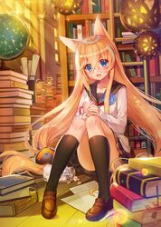  :3 :d animal_ears black_sailor_collar black_socks blonde_hair blue_eyes blue_flower blush book book_stack bookmark bookshelf boutonniere brown_footwear cardigan cat_ears celestial_globe circle_name commentary constellation convenient_leg crossed_bangs cup cygnus_(constellation) female flower full_body g41_(girls&#039;_frontline) girls&#039;_frontline hair_between_eyes hair_ornament highres holding holding_cup indoors jar kneehighs knees_together_feet_apart knees_up ladder library light_particles loafers long_hair long_sleeves looking_at_viewer milcona miniskirt mug oerba_yun_fang on_floor open_mouth paper_roll papers pigeon-toed pleated_skirt sailor_collar school_uniform scroll serafuku serpens_(constellation) shoes sitting skirt smile socks solo symbol-only_commentary twintails very_long_hair window 