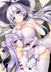  2girls :d absurdres ahoge azur_lane bare_shoulders black_bow black_ribbon blue_eyes blush bow breasts cleavage commentary_request derivative_work dress elbow_gloves garter_straps gloves hair_bun hair_ornament hat highres hug illustrious_(azur_lane) large_breasts long_hair multiple_girls one_side_up oooqqq open_mouth parted_lips purple_eyes purple_hair ribbon single_hair_bun single_side_bun small_breasts smile strapless strapless_dress stuffed_animal stuffed_toy stuffed_unicorn sun_hat thighhighs unicorn_(azur_lane) very_long_hair white_dress white_gloves white_hair white_hat white_thighhighs 