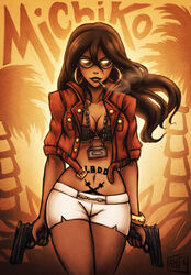  breasts brown_hair character_name cigarette cleavage commentary cropped_jacket dark-skinned_female dark_skin dual_wielding earrings english_commentary female gun handgun holding hoop_earrings iahfy jewelry lipstick long_hair makeup medium_breasts michiko_malandro michiko_to_hacchin necklace short_shorts shorts smoking solo strapless sunglasses tattoo tube_top underboob weapon white_shorts 