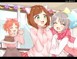  3girls :3 :d abe_nana animal_ears arm_hug bad_id bad_pixiv_id balloon blouse blush bow brown_hair cake cardigan cat_ears choko_omochi closed_eyes commentary_request dated decorations fake_animal_ears food green_eyes grey_hair hairbow highres idolmaster idolmaster_cinderella_girls idolmaster_cinderella_girls_starlight_stage long_sleeves maekawa_miku multiple_girls oerba_yun_fang open_cardigan open_clothes open_mouth orange_hair otokura_yuuki ponytail scarf shirt short_hair sidelocks skirt smile sweater twitter_username 