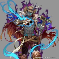  1boy abs aiming aiming_at_viewer aqua_eyes arm_wrap aura bad_id bad_pixiv_id bead_bracelet beads belt bracelet cape commentary_request cowboy_hat dark-skinned_male dark_skin demon_boy feet_out_of_frame fur_trim glowing gun handgun hat head_tilt holding holding_gun holding_sword holding_weapon holster horns horns_through_headwear jewelry katana looking_at_viewer magatama male_focus markings multiple_belts official_art open_clothes open_vest over_shoulder pants pointy_ears ponytail rival_arena_vs scar smirk solo sword vest weapon weapon_over_shoulder white_hair yuzu_shio 