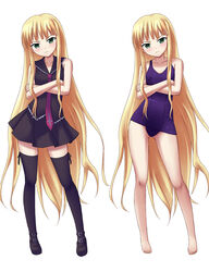  bare_arms bare_legs barefoot black_legwear blonde_hair commentary_request contrapposto crossed_arms dress dual_persona evangeline_a.k._mcdowell female frown full_body green_eyes head_tilt long_hair mahou_sensei_negima! miniskirt necktie one-piece_swimsuit photoshop_(medium) purple_one-piece_swimsuit sailor_dress school_swimsuit shoes simple_background skirt sleeveless standing swimsuit thighhighs very_long_hair white_background yozo_(yozo2000) zettai_ryouiki 