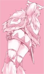  ass ayuria bone_hair_ornament boots cape commentary_request dagger dress female from_behind from_below fur_boots fur_cape gloves hair_ornament knee_boots knife kon_(kdash) monochrome monster_hunter_(series) monster_hunter_stories pink_background pink_theme ponytail short_dress simple_background solo thighs weapon 