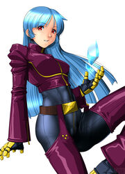  absurdres arikawa belt blue_hair blush breasts chaps cropped_jacket crystal female full-length_zipper highres king_of_fighters kula_diamond legs long_hair looking_at_viewer red_eyes serious simple_background small_breasts solo standing thighs white_background zipper 