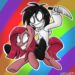  1:1 2014 black_hair blue_eyes clothing creepypasta duo earth_pony equid equine eyelashes female friendship_is_magic hair hasbro hoodie horse human jeff_the_killer knife male mammal my_little_pony pink_hair pinkamena_(mlp) pinkie_pie_(mlp) pony teeth topwear xiamtheferret 