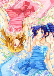  2girls aikatsu! aikatsu!_(series) arm_grab bad_id bad_pixiv_id bare_shoulders blonde_hair blue_dress blue_eyes blue_flower blue_hair blue_rose blush bow chika_(orange_pop) dress earrings eye_contact flower frills gloves hair_flower hair_ornament holding_hands hoshimiya_ichigo jewelry kiriya_aoi long_hair looking_at_another lying multiple_girls necklace on_back petals pink_bow pink_dress red_eyes rose rotational_symmetry side_ponytail smile sparkle strapless strapless_dress stud_earrings tiara upside-down white_flower white_gloves white_rose 