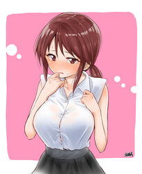  absurdres blush breasts brown_hair collarbone commentary_request cowboy_shot embarrassed female highres idolmaster idolmaster_cinderella_girls large_breasts long_hair looking_at_viewer mifune_miyu ponytail red_eyes shirt shirt_tucked_in signature sleeveless sleeveless_shirt solo sweatdrop takuji_yuusaku tented_shirt upper_body white_shirt 