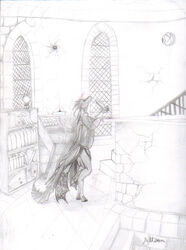  altern anthro beholder biped book bookshelf bottomwear claws clothing collar cracks crystal_ball detailed_background dragon egg eyeball fancy_clothing floating food fruit furniture gem graphite_(artwork) greyscale insect_wings loincloth male monochrome mythological_creature mythological_scalie mythology nut_(fruit) pencil_(artwork) plant scalie signature solo stairs stone_wall tail tail_fan traditional_media_(artwork) translucent translucent_clothing wall_(structure) window wings 