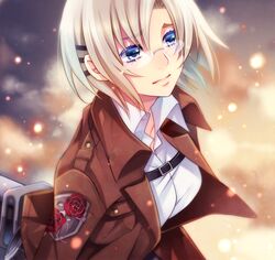  bad_id bad_pixiv_id blonde_hair blue_eyes commentary_request emblem female garrison_regiment_(emblem) glasses jacket kuzukiri5 light_particles paradis_military_uniform rico_brzenska shingeki_no_kyojin short_hair solo tears 