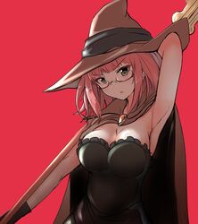  :o arm_behind_back armpits arms_up black_dress breasts cape cleavage commentary_request dress female glasses goblin_slayer! green_eyes half-closed_eyes hat highres large_breasts open_mouth pink_background pink_hair simple_background staff strapless strapless_dress take_(trude1945oneetyan) witch witch_hat wizard_(goblin_slayer!) 