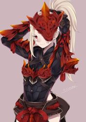  armor arms_behind_head blonde_hair closed_mouth commentary_request e_draw_paint female highres long_hair looking_at_viewer monster_hunter:_world monster_hunter_(character) monster_hunter_(series) odogaron_(armor) ponytail red_eyes simple_background smile solo upper_body 