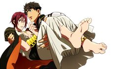  2boys alternate_costume anklet arabian_clothes barefoot black_hair blue_eyes bracer carrying chietori commentary_request free! jewelry looking_afar looking_down male_focus matsuoka_rin multiple_boys open_mouth pectorals princess_carry red_eyes red_hair simple_background splash_free white_background yamazaki_sousuke 